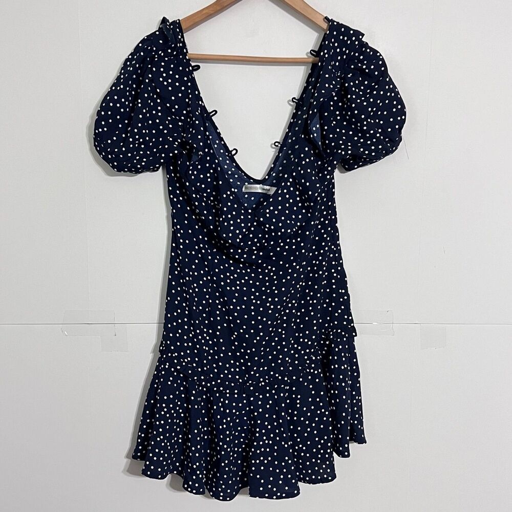 Morning Mist Womens Polka Dotted Dress Size 8 Navy Blue Tunic Scoop Neck